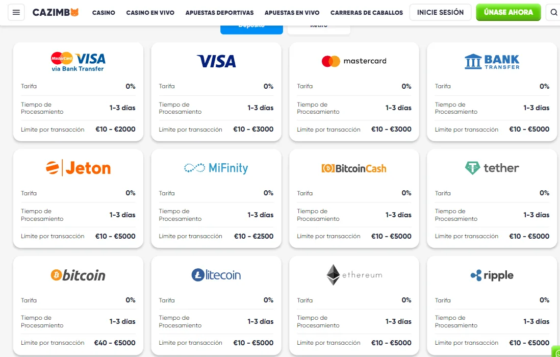 Opciones de depósito en Cazimbo España
